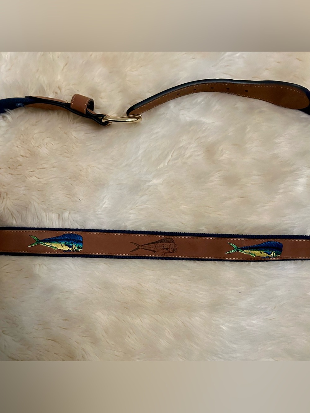 Guy Harvey Tan Leather & Navy Belt with Mahi Mahi Size 44